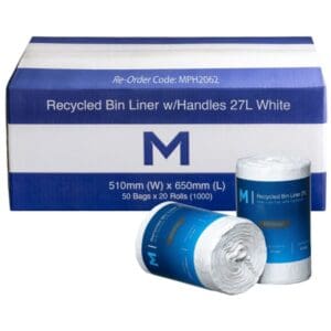 Recycled Rubbish Bin Liners w/Handles 27L, White