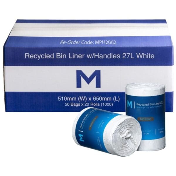 Recycled Rubbish Bin Liners w/Handles 27L, White
