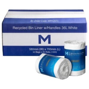 Recycled Rubbish Bin Liners w/Handles 36L, White