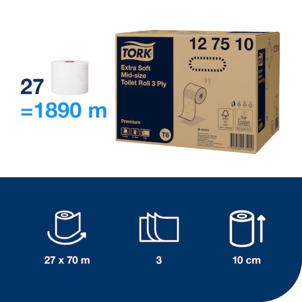 Tork T6 Toilet Paper Mid-Size Roll Premium 3-Ply
